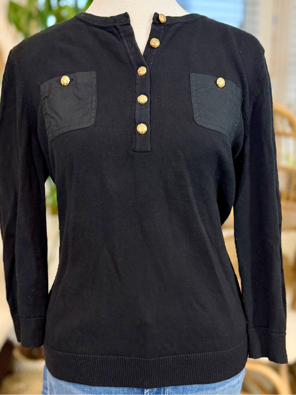 Lauren Ralph Lauren Black Cotton Henley Sweater Womens L Gold Crest Buttons - Picture 2 of 10